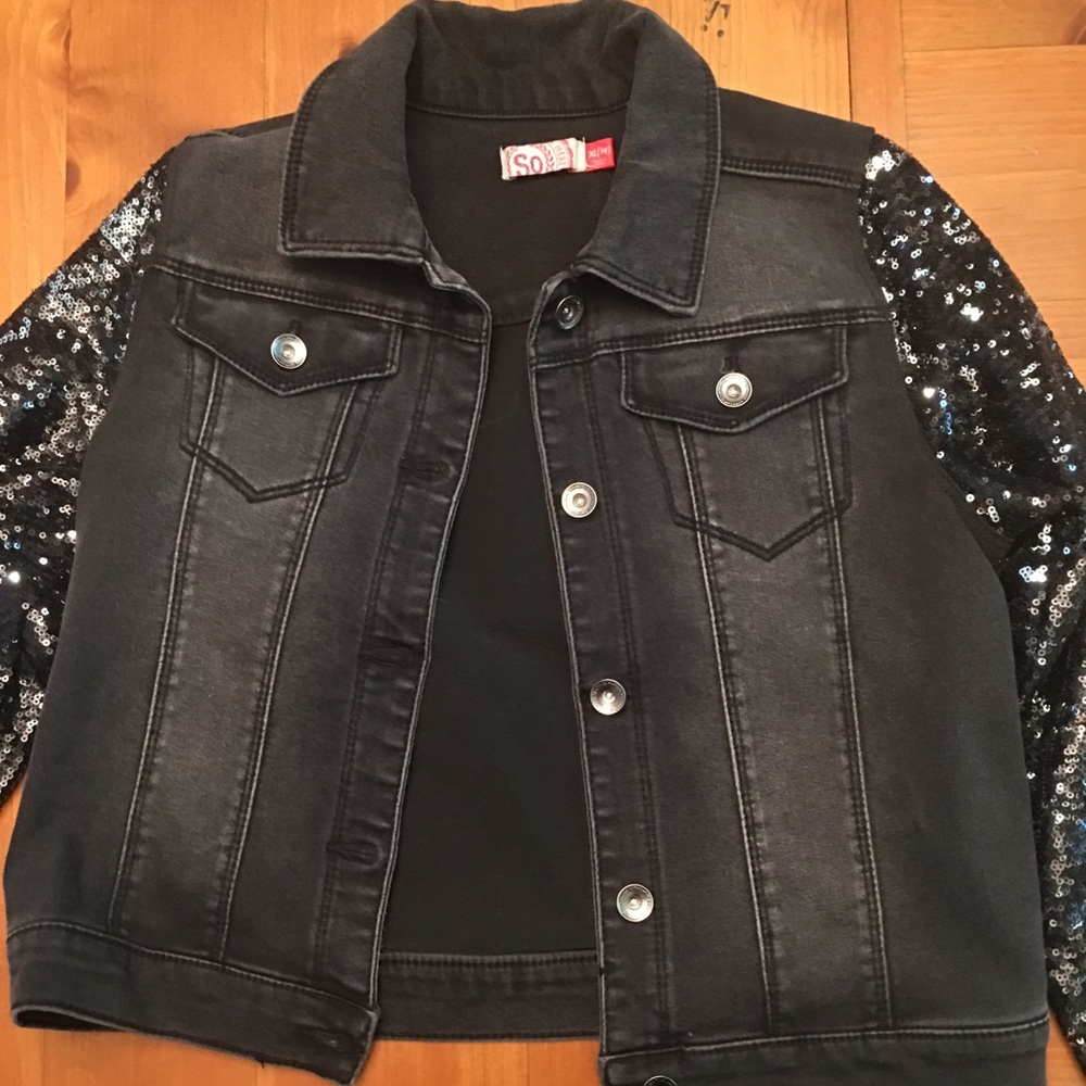 Black jean jacket with sequin sleeves